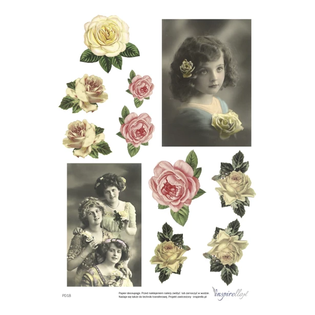Papier decoupage - portrety dziewczynki i kwiaty w stylu retro