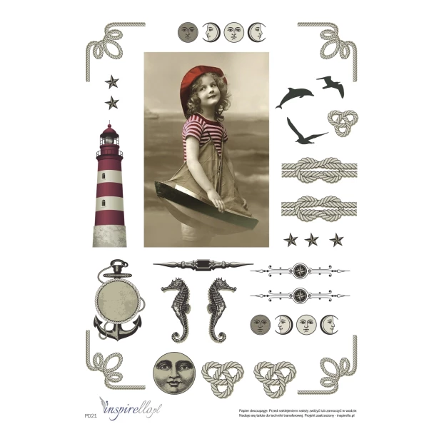 Papier decoupage - dziewczynka łódką, marynistyka, morze, wakacje