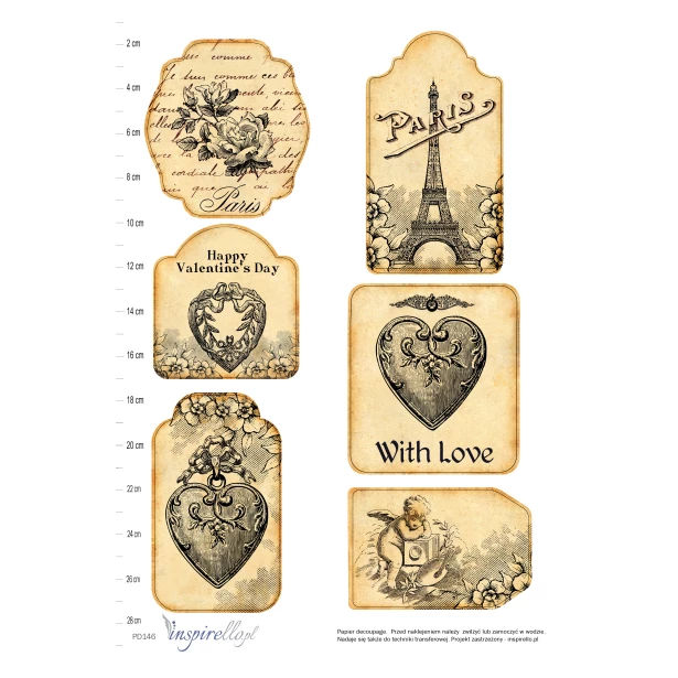Papier decoupage: etykiety vintage - serca, aniołki, kwiaty.
