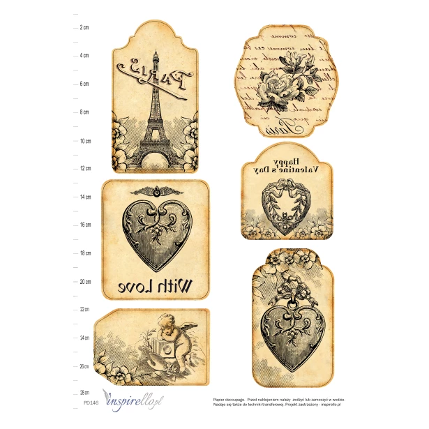 Papier decoupage: etykiety vintage: serca, aniołki, kwiaty - ODBICIE LUSTRZANE