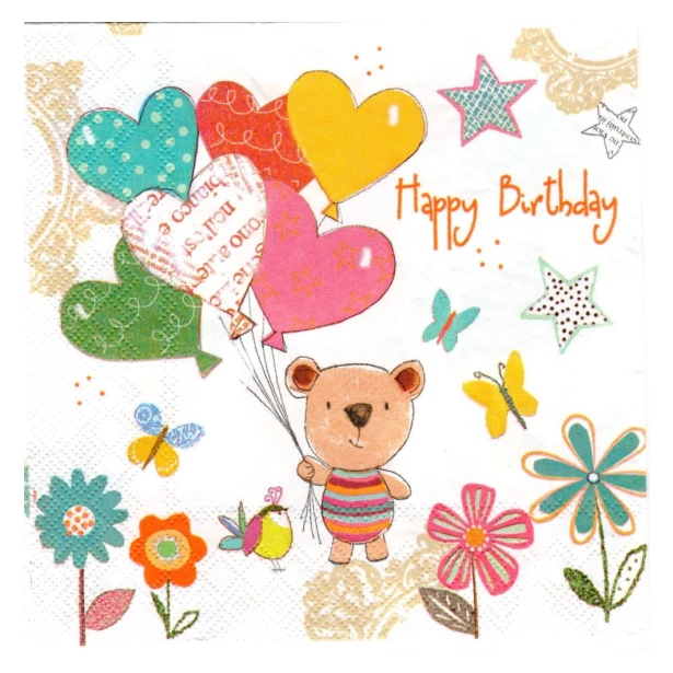 Serwetka - Happy Birthday, miś, balony