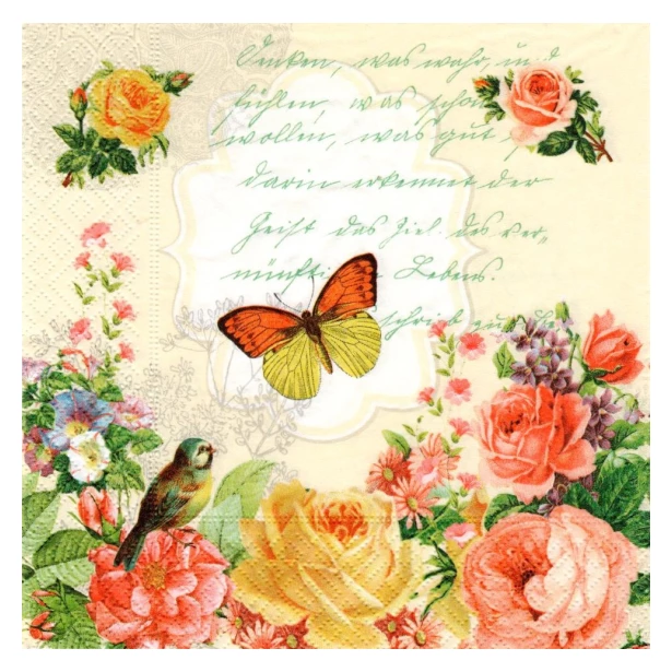 Serwetka mała - kwiaty, róże, motyl, ptaszek, pismo