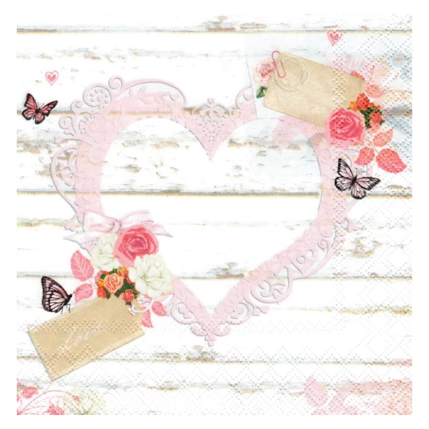 Serwetka - serce na deskach, motylki, kwiatki