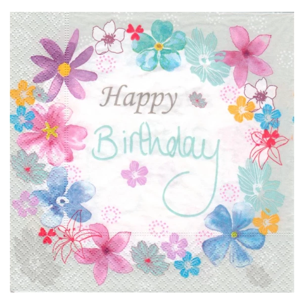 Serwetka - Happy birthday, kwiatki