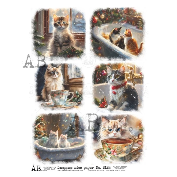 Papier ryżowy A4 - Boże Narodzenie, Kotki, Śnieg