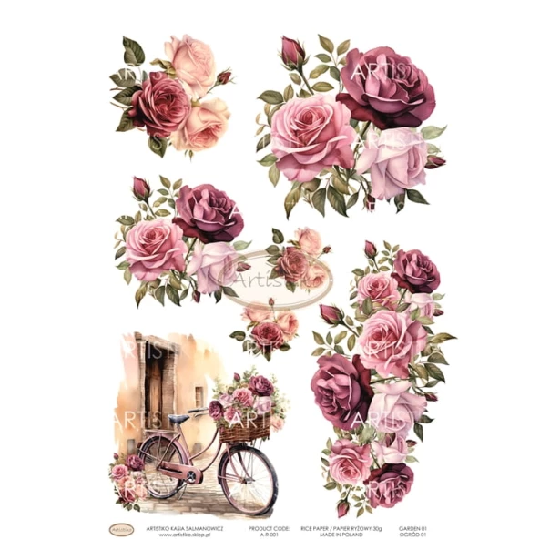 Papier ryżowy A4 - Kwiaty, róże, rower