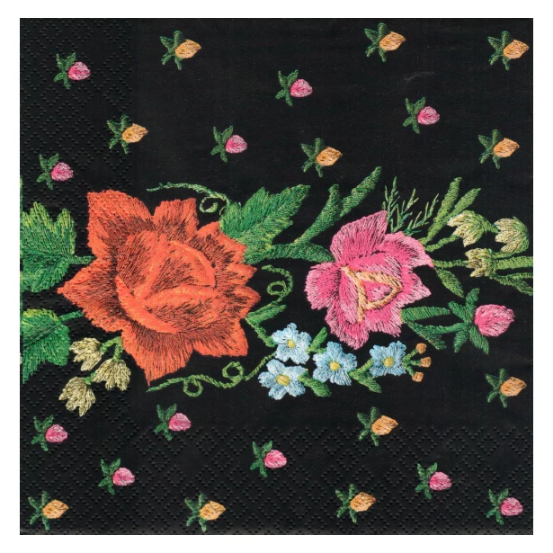Serwetka -  haftowane kwiaty na czarnym tle
