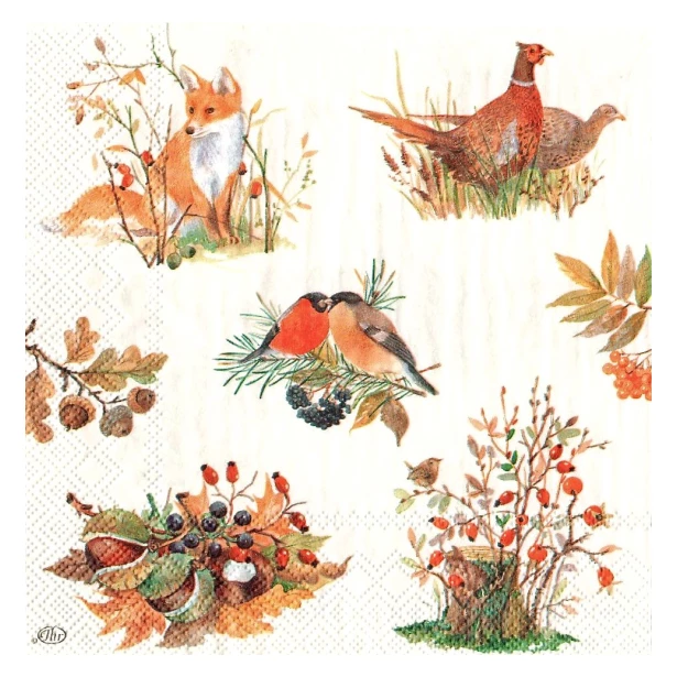 Serwetka - ptaki, jesień, kasztany, ptaszki
