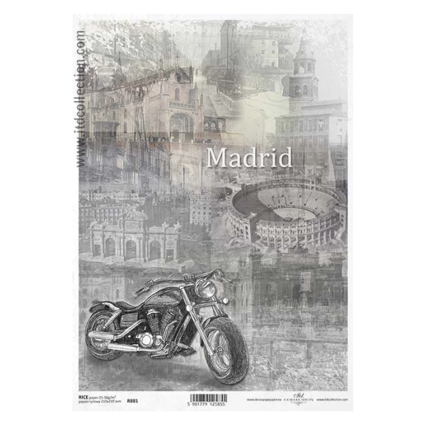 PAPIER RYŻOWY  A4 - Madryt, motocykl, motor