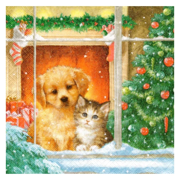 Serwetka - świąteczny piesek i kotek