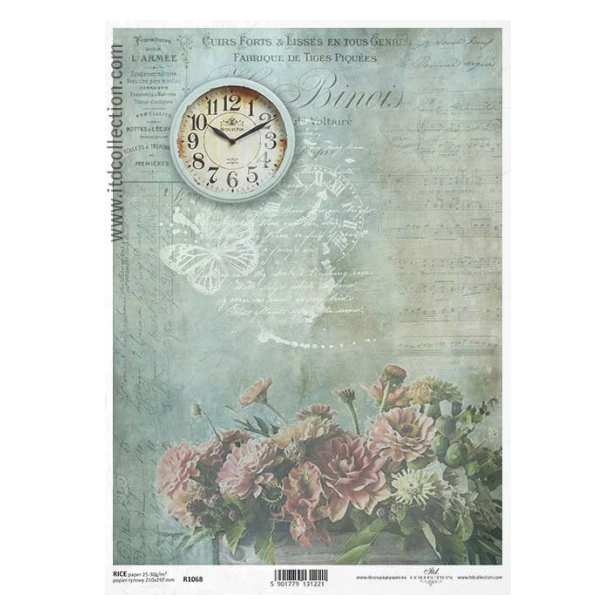 PAPIER RYŻOWY A4 - Kwiaty + zegar