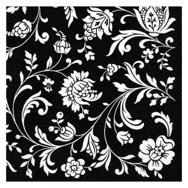 Serwetka - białe kwiaty na czarnym tle