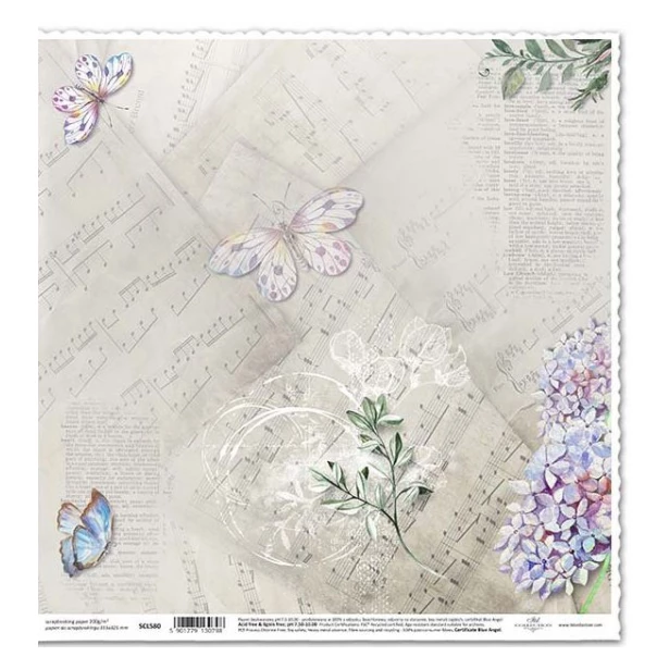 Papier scrapbooking - motyle, kwiat bzu, nuty