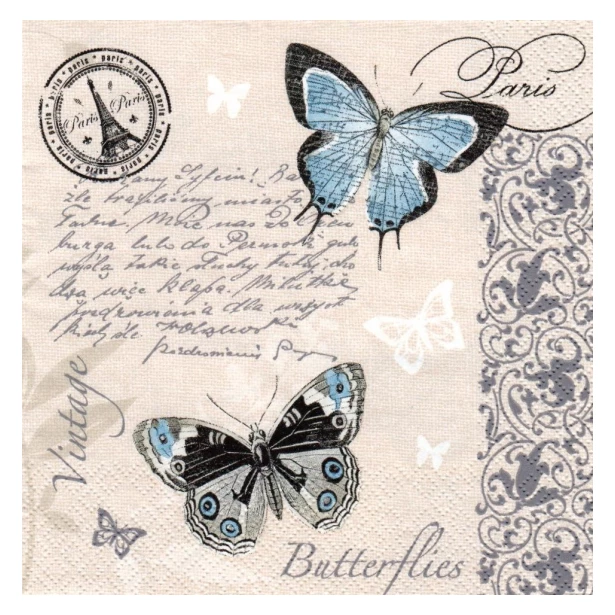 Serwetka - motylek, pieczątka, pismo, Paryż, vintage