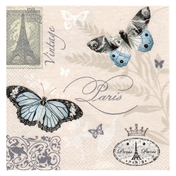 Serwetka - motylek, pieczątka, pismo, Paryż, vintage