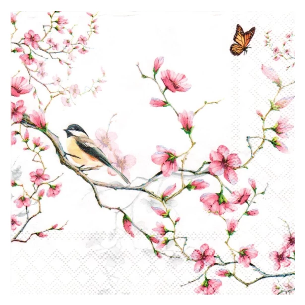 Serwetka - ptaszek na gałązce, kwiaty, motylek