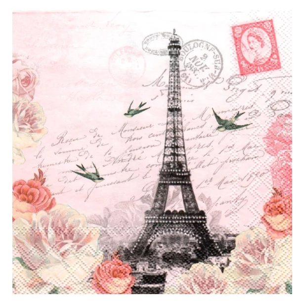 Serwetka - Paryż, list, kwiaty,