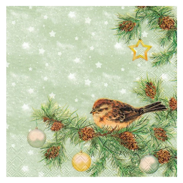 Serwetka mała - bożonarodzeniowy ptaszek, zielone tło