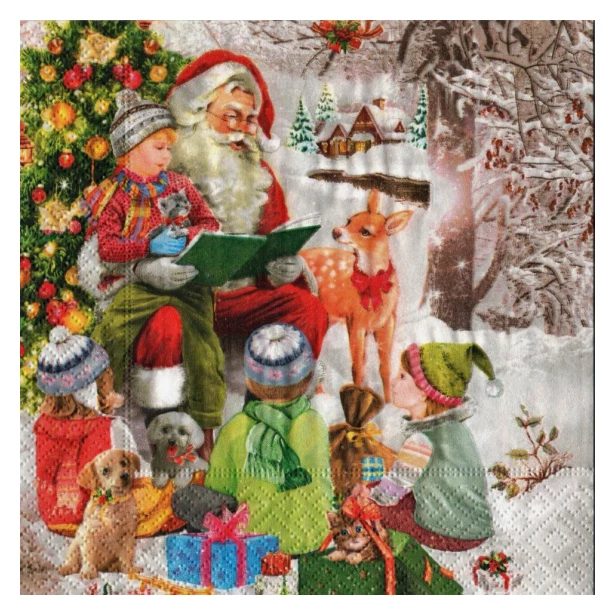 Serwetka - Mikołaj z dziećmi i zwierzątkami
