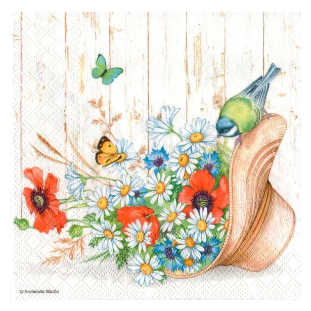 Serwetka  - polne kwiaty, ptaszek
