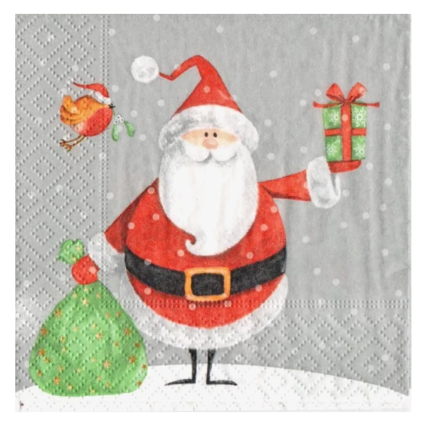 Serwetka mała - Święty Mikołaj z ptaszkiem i prezentami