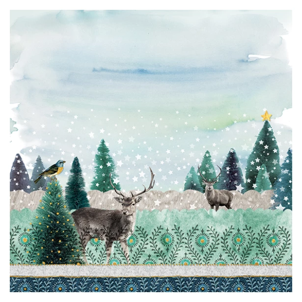 Serwetka - Zimowy widok, jelenie, ptaszek