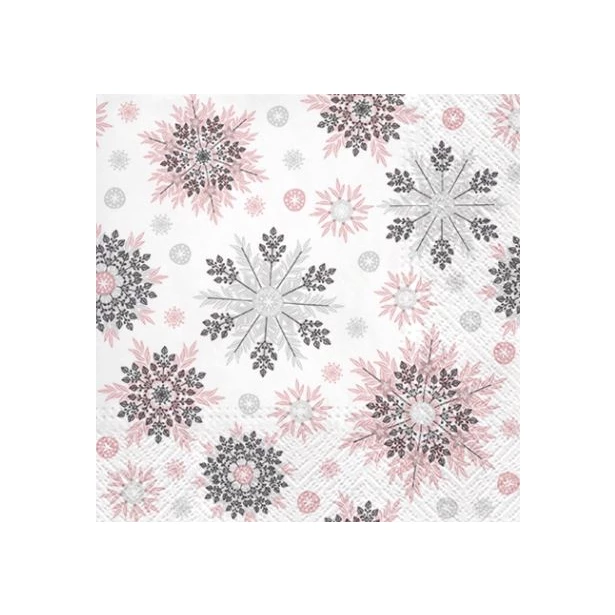 Serwetka  -  śnieżynki, płatki śniegu, szaro-różowe