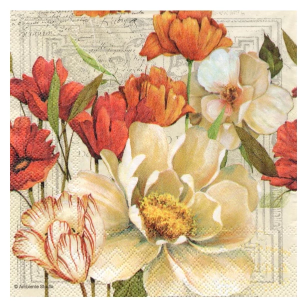Serwetka - Kwiaty retro, tło ecru