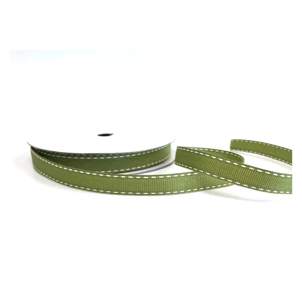 Wstążka rypsowa Zielona w białe paski szerokość 10mm - 2 metry