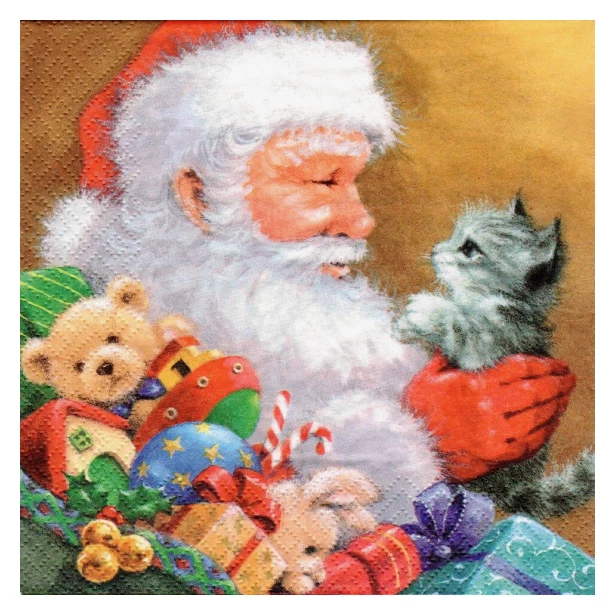 Serwetka - Święty Mikołaj z kotkiem