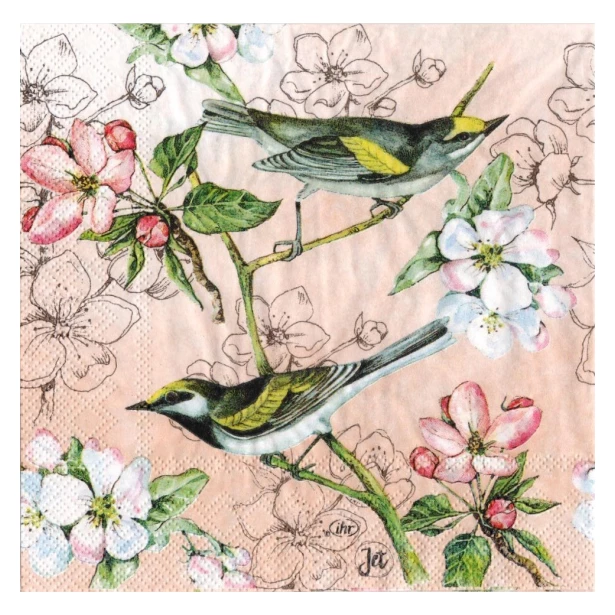 Serwetka - Ptaszki na gałązce, kwiaty (kremowe tło)
