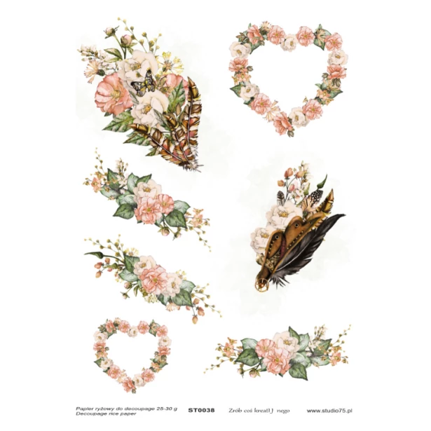 PAPIER RYŻOWY A4 - Kwiaty, dekory i serca vintage, piórka