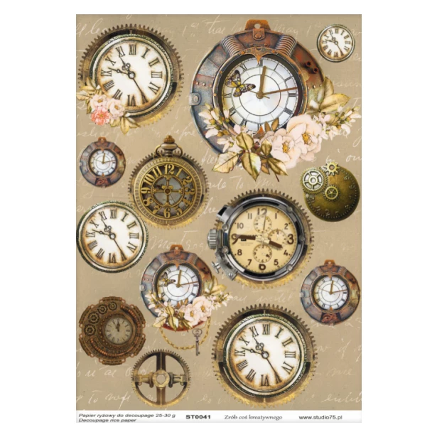 PAPIER RYŻOWY A4 - Zegary vintage, kwiaty