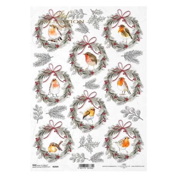 PAPIER RYŻOWY A4 - Wieńce z ptaszkami, Świąteczne ptaszki