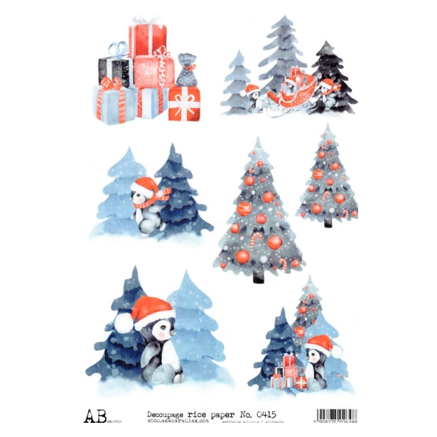 Papier ryżowy A4 - Boże Narodzenie, Pingwiny, Choinki