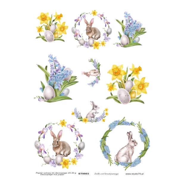 PAPIER RYŻOWY A4 - Wielkanoc, zwierzątka, żonkile, kwiaty, jajka