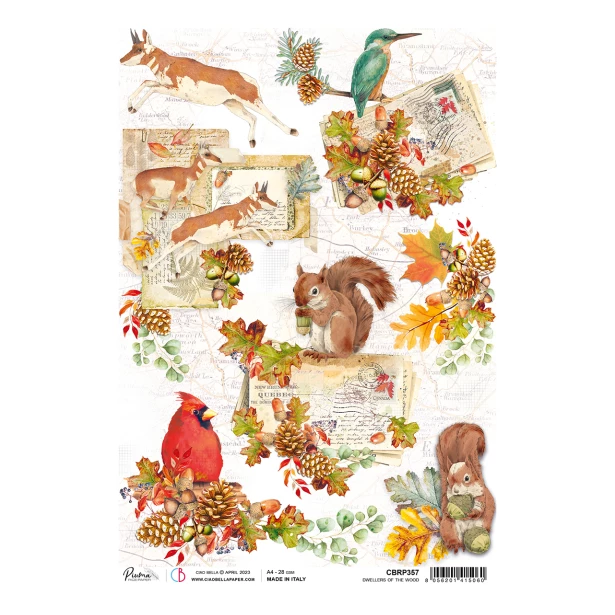 Papier ryżowy A4 CIAO BELLA - Zwierzęta leśne, Szyszki, Jesień
