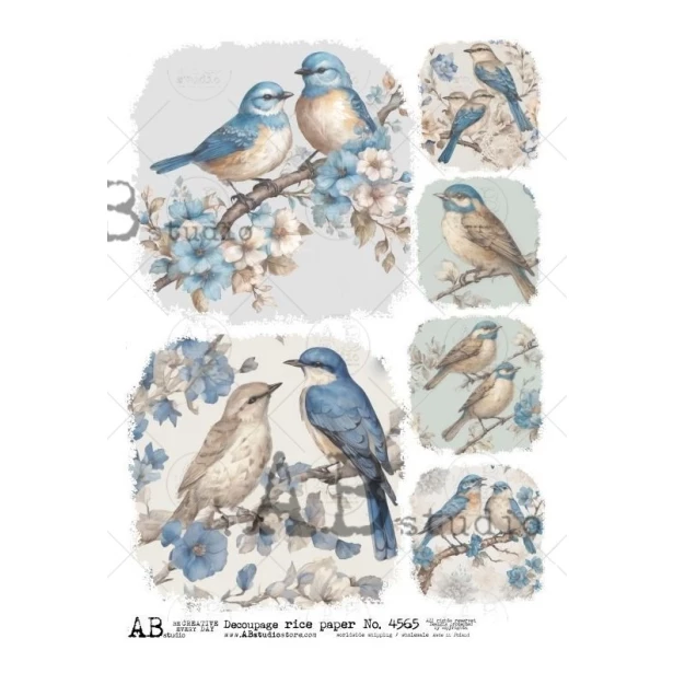 Papier ryżowy A4 - Ptaki, ptaszki, gałązki, kwiaty