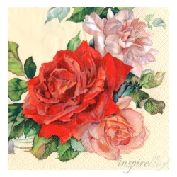 Serwetka - czerwona róża tło ecru